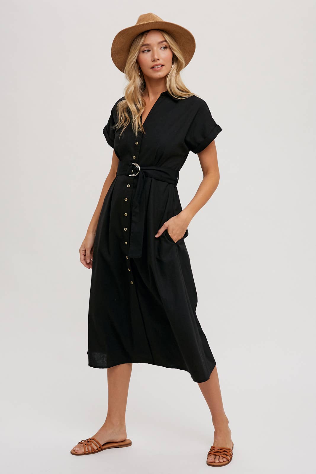 BUTTON DOWN BELTED MIDI DRESS