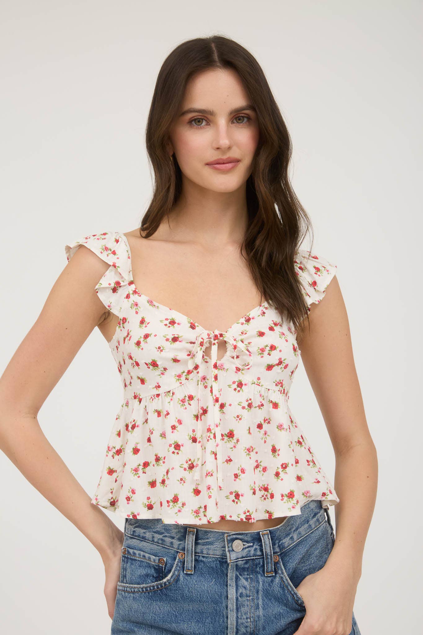 FLORAL CLIP DOT FRONT TIE WITH CUT-OUT CROP TOP
