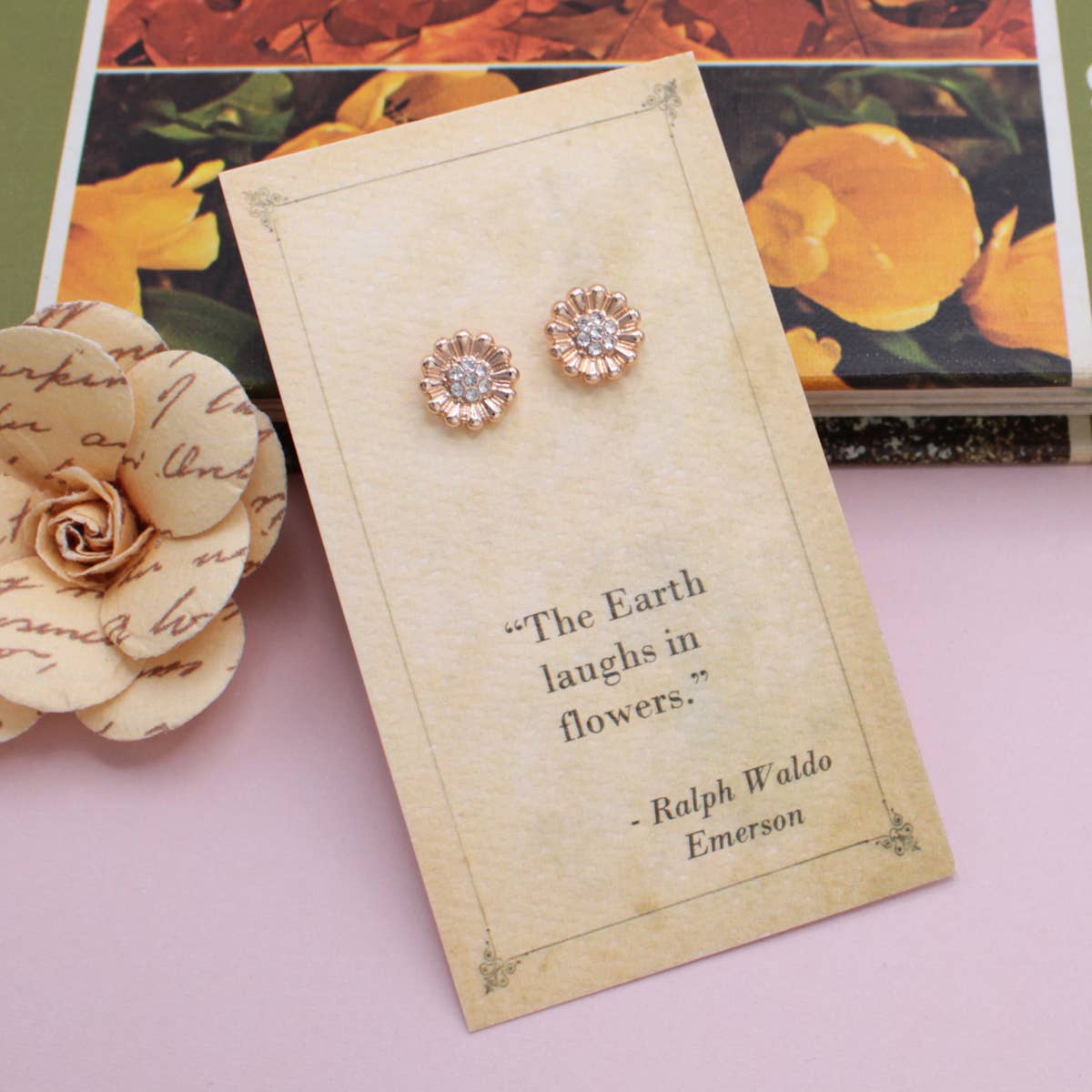 Literary Quotes Gold Crystal Flower Post Earrings