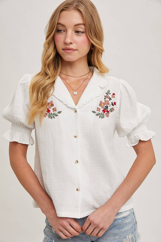BUTTON DOWN EMBROIDERED PUFF SLEEVE BLOUSE TOP