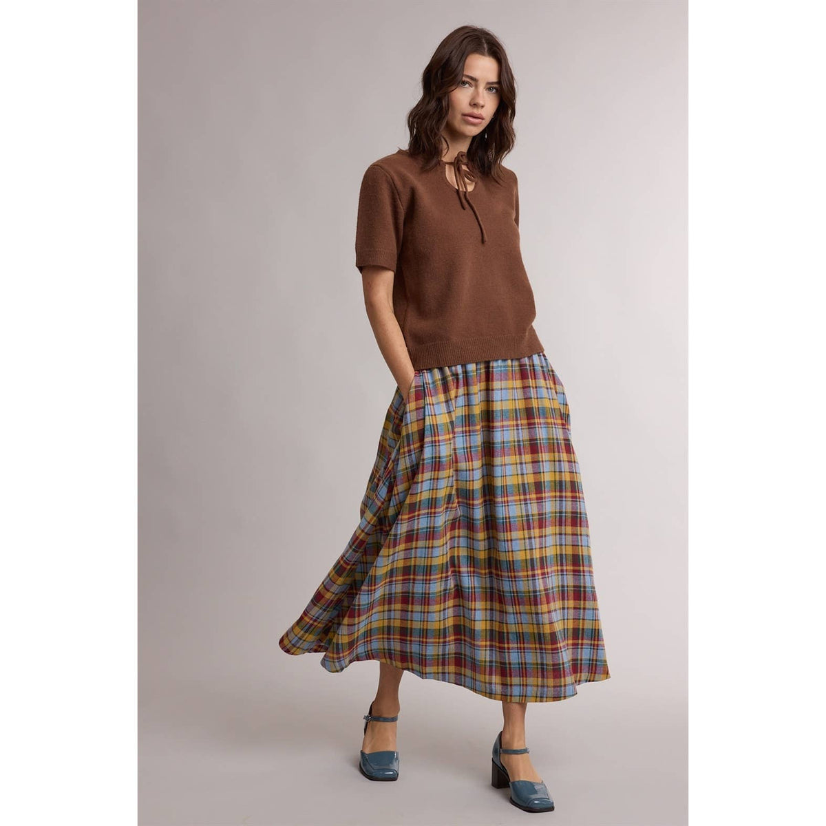 PLAID A-LINE MIDI SKIRT