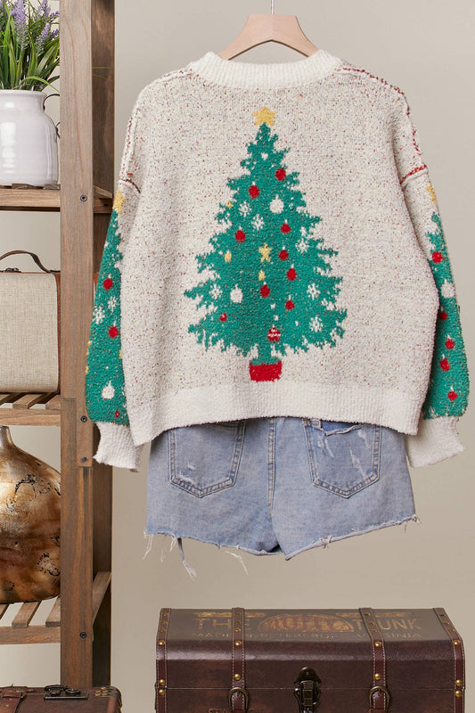 Merry Pine V-Neck Oversized Knit Cardigan - Christmas Tree
