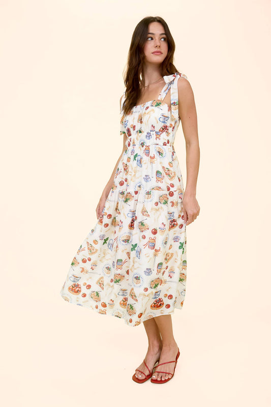 TEA TIME PRINT TIE STRAP MIDI DRESS