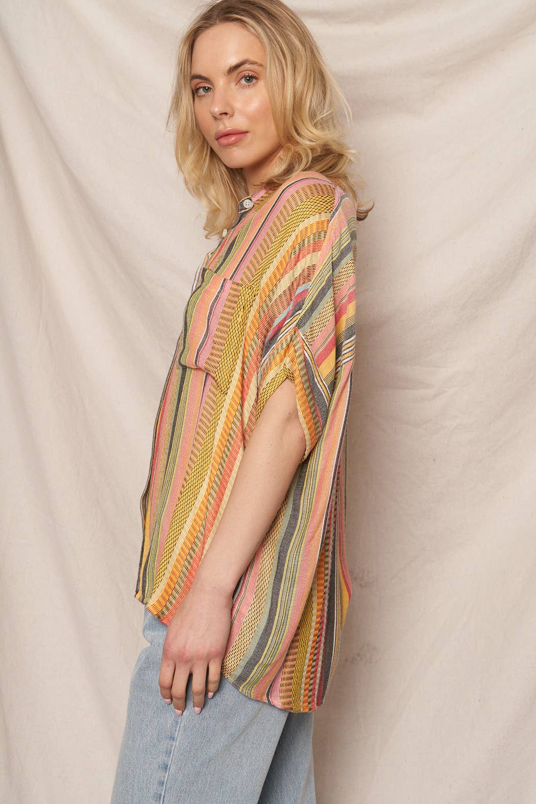 Multicolor Striped Button Down Shirt: YELLOW MULTI