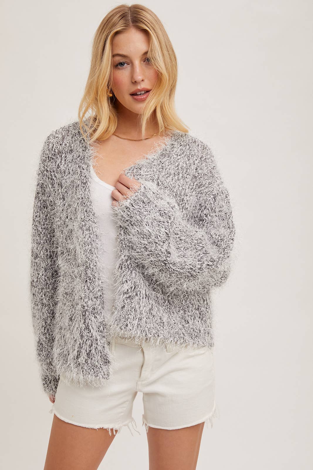 PEARL BUTTON DOWN FUZZY KNIT CARDIGAN