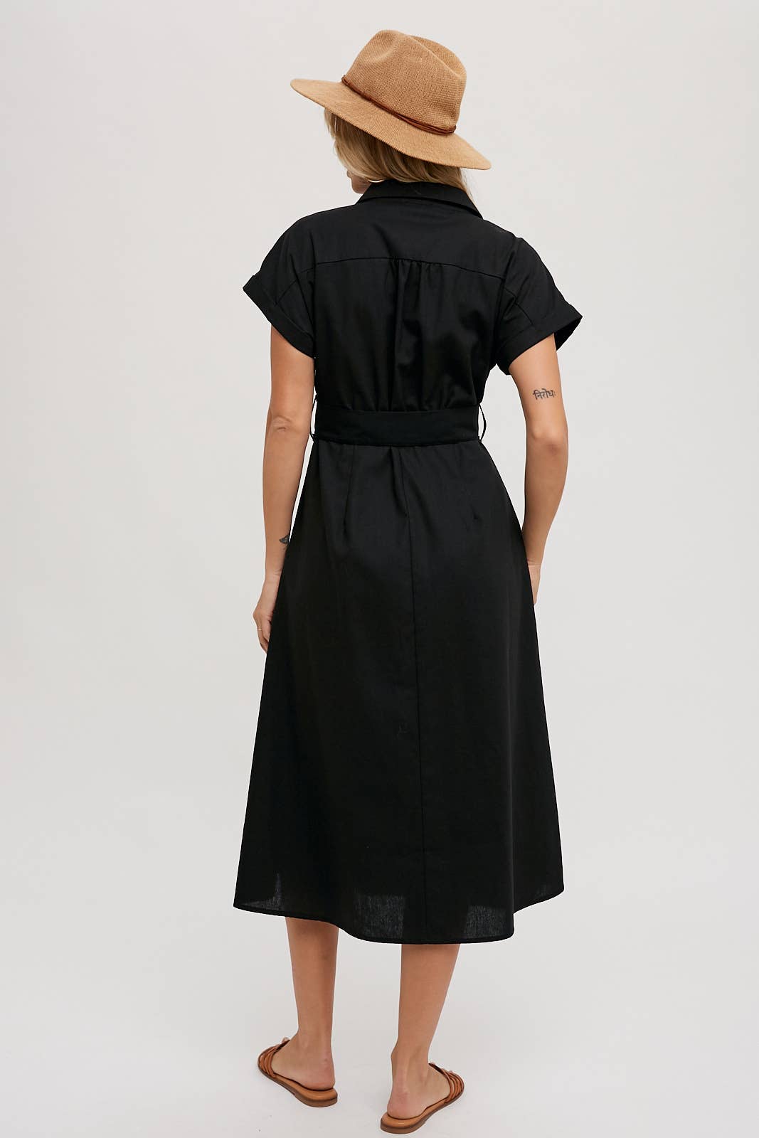 BUTTON DOWN BELTED MIDI DRESS