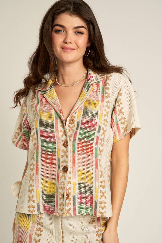 Boho Short Sleeve Embroidered Button Down Shirt