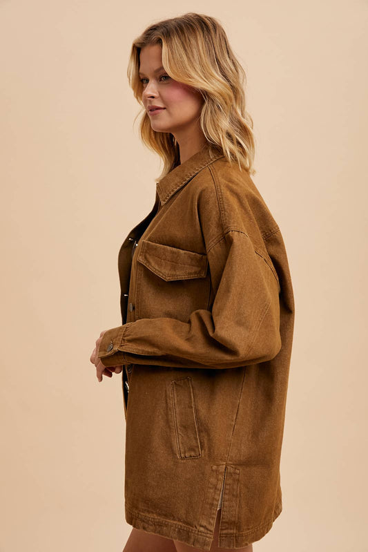 GARMENT WASHED UTILITY JACKET: LIGHT BROWN