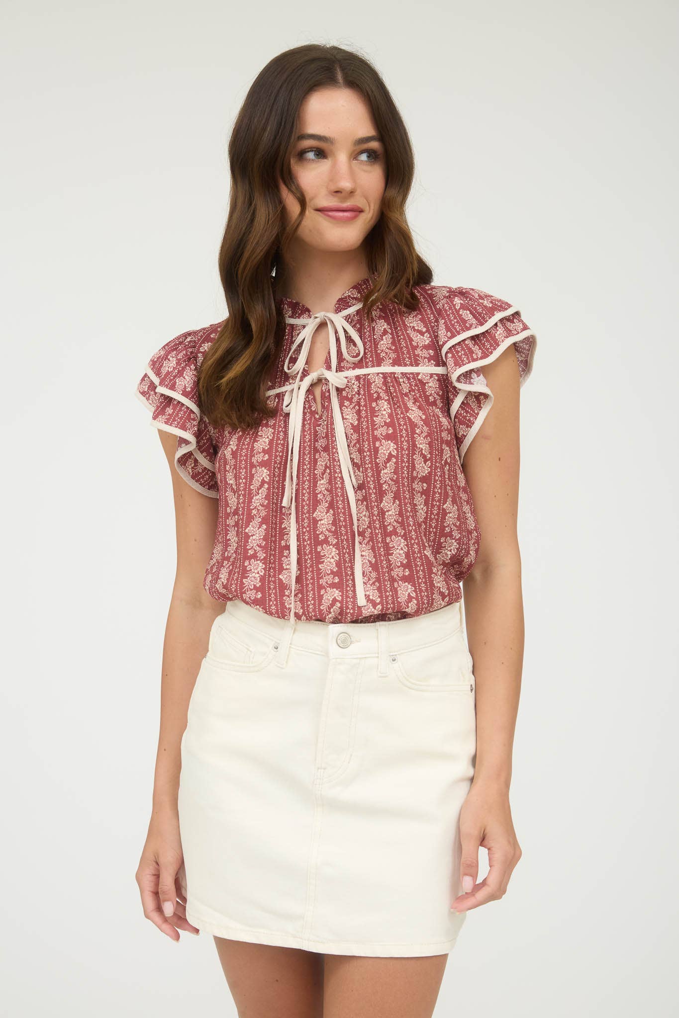 STRIPE FLORAL PATTERN TIE FRONT RUFFLE TOP