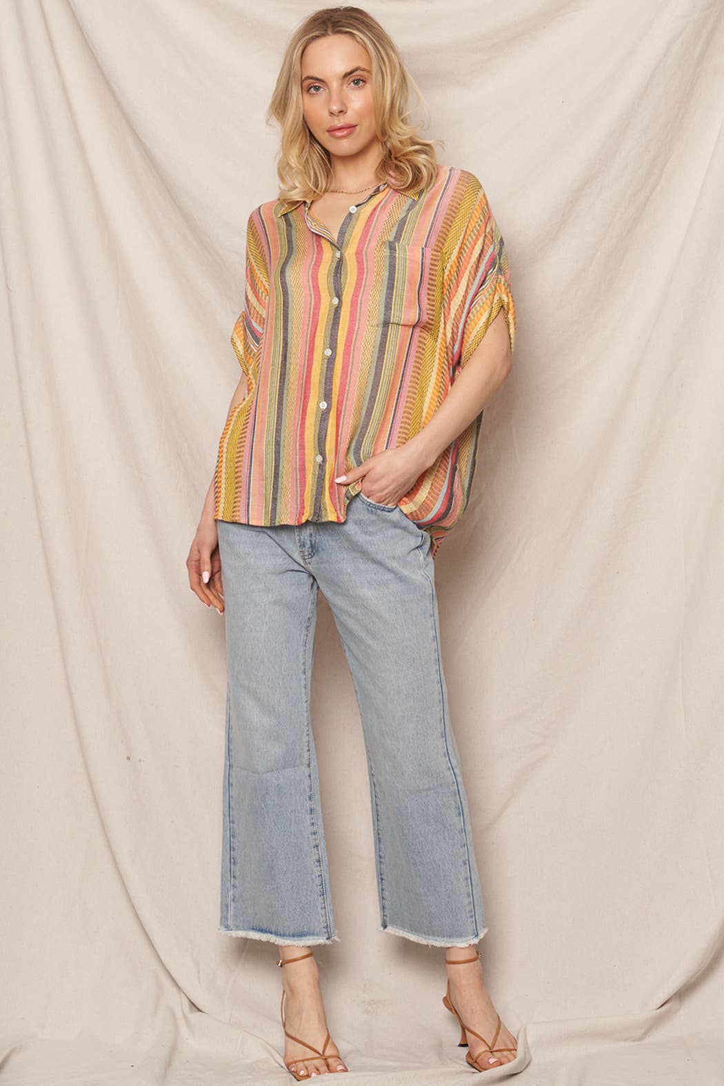 Multicolor Striped Button Down Shirt: YELLOW MULTI