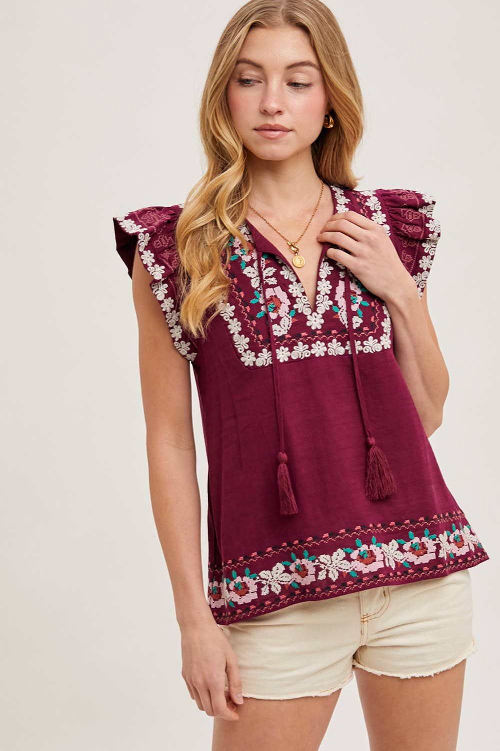BOHO EMBROIDERED RUFFLED SLEEVE DRAWSTRING TOP
