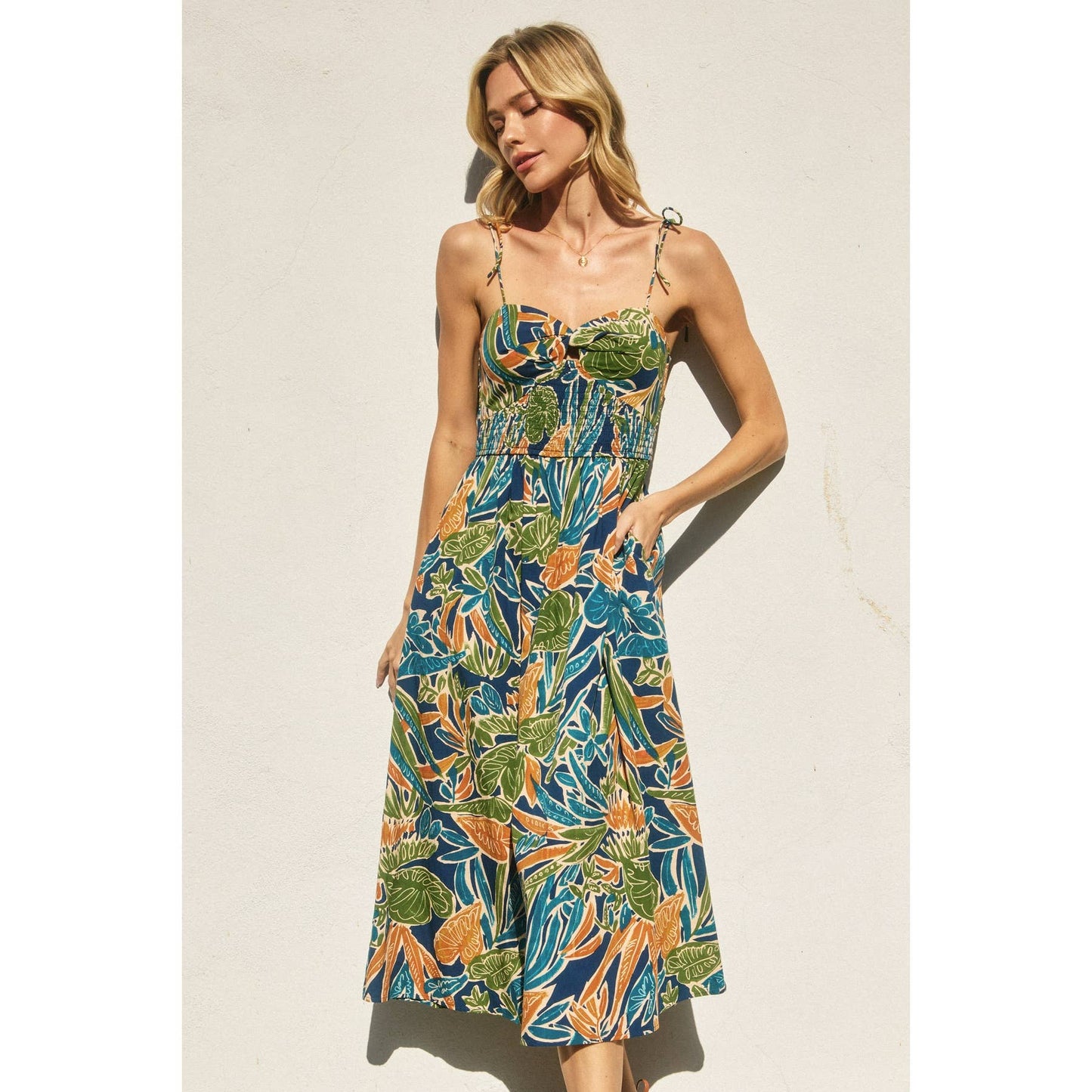 Havana Twist Knot Tie Shoulder Midi Dress