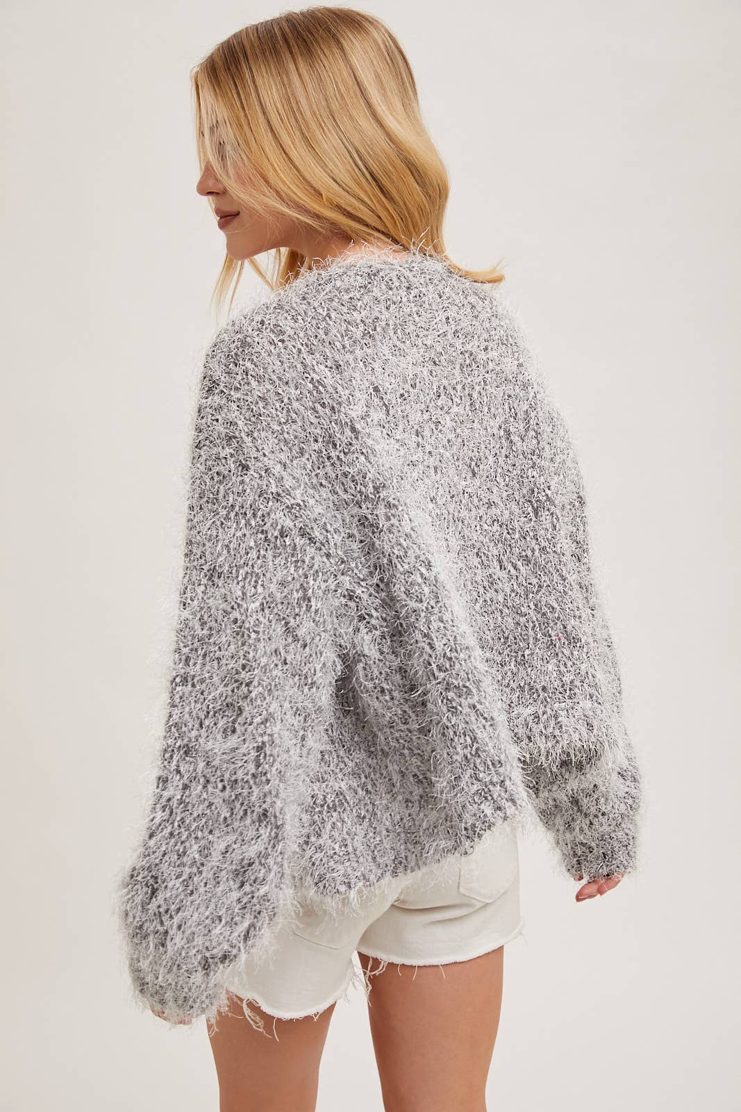 PEARL BUTTON DOWN FUZZY KNIT CARDIGAN