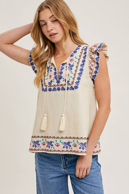 BOHO EMBROIDERED RUFFLED SLEEVE DRAWSTRING TOP