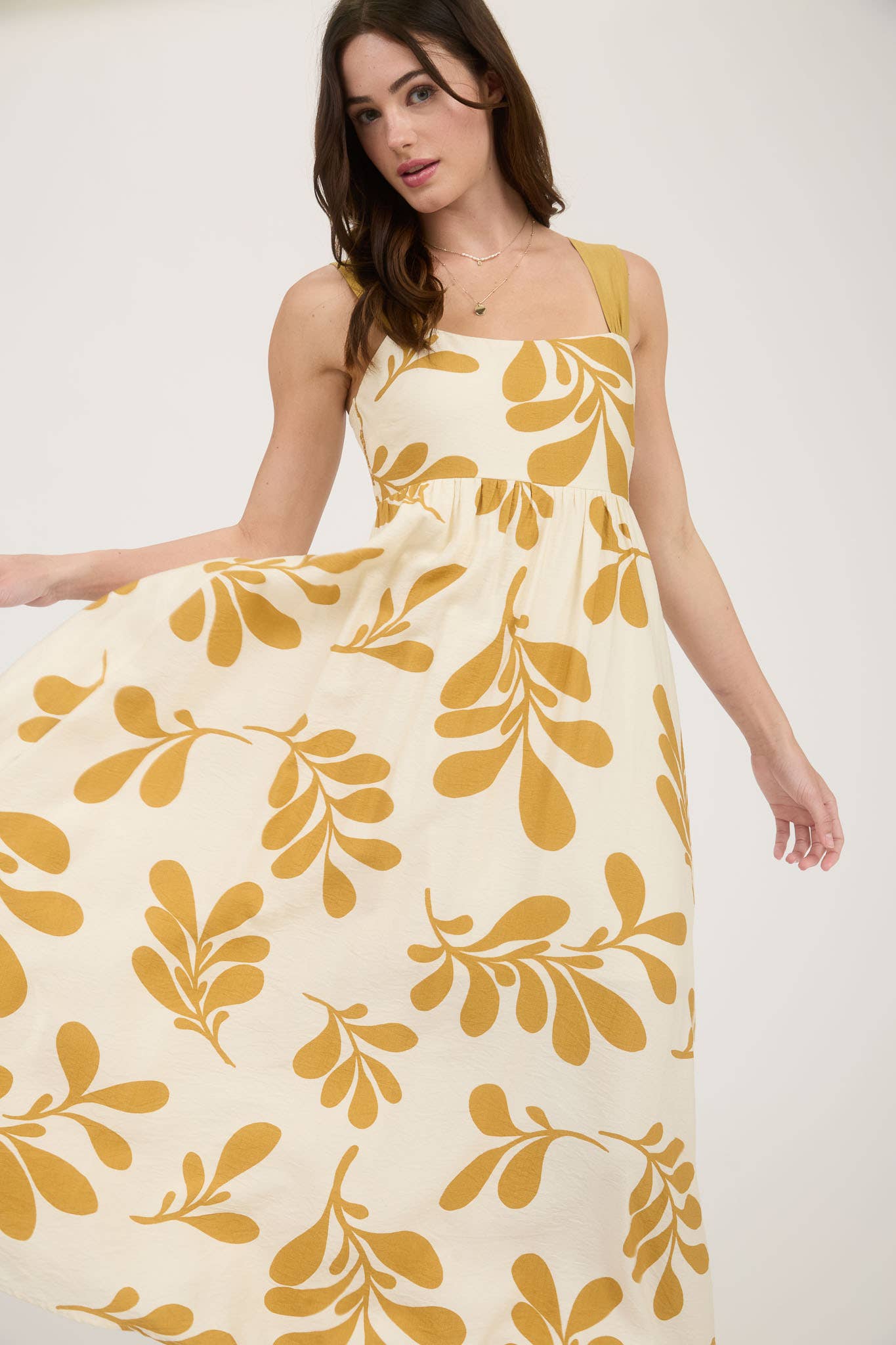 LEAF PRINT BACK TIE STRAP EMPIRE WAIST MIDI DRESS