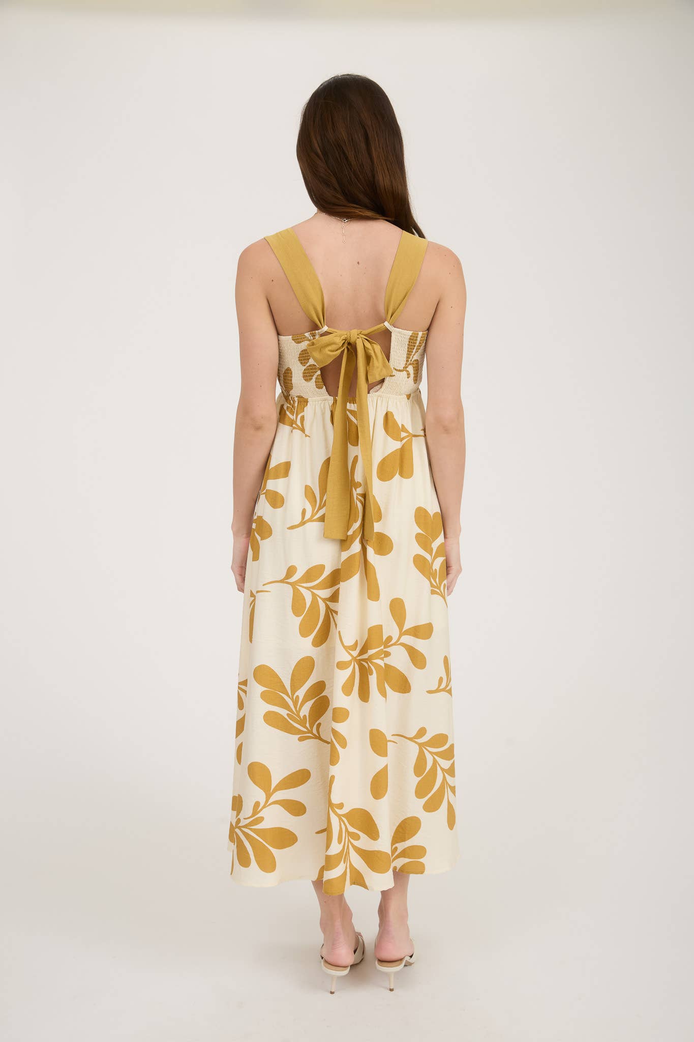 LEAF PRINT BACK TIE STRAP EMPIRE WAIST MIDI DRESS