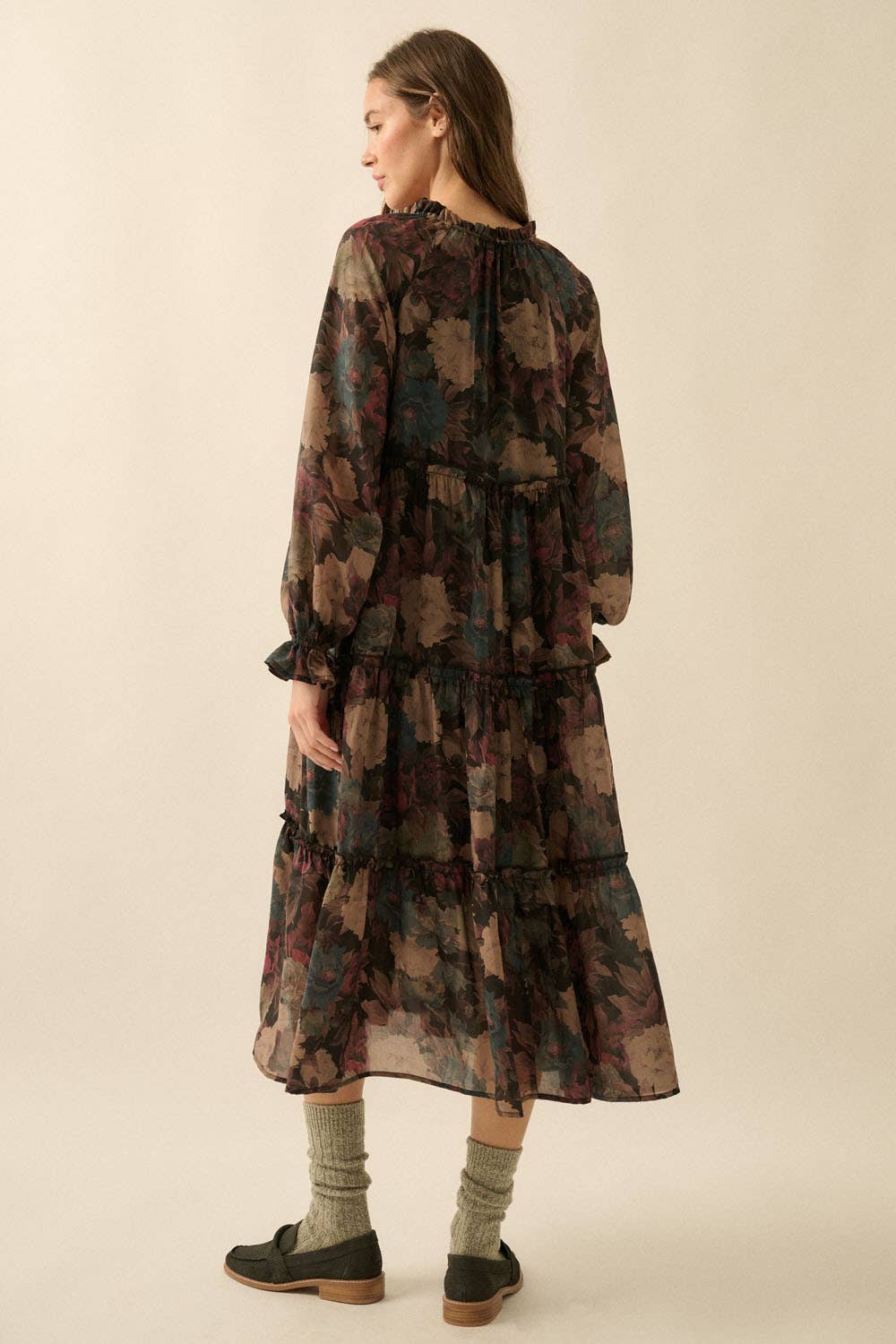 Floral-Print Tiered Ruffle Long-Sleeve Midi Dress FINAL SALE