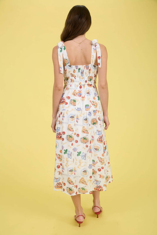 TEA TIME PRINT TIE STRAP MIDI DRESS