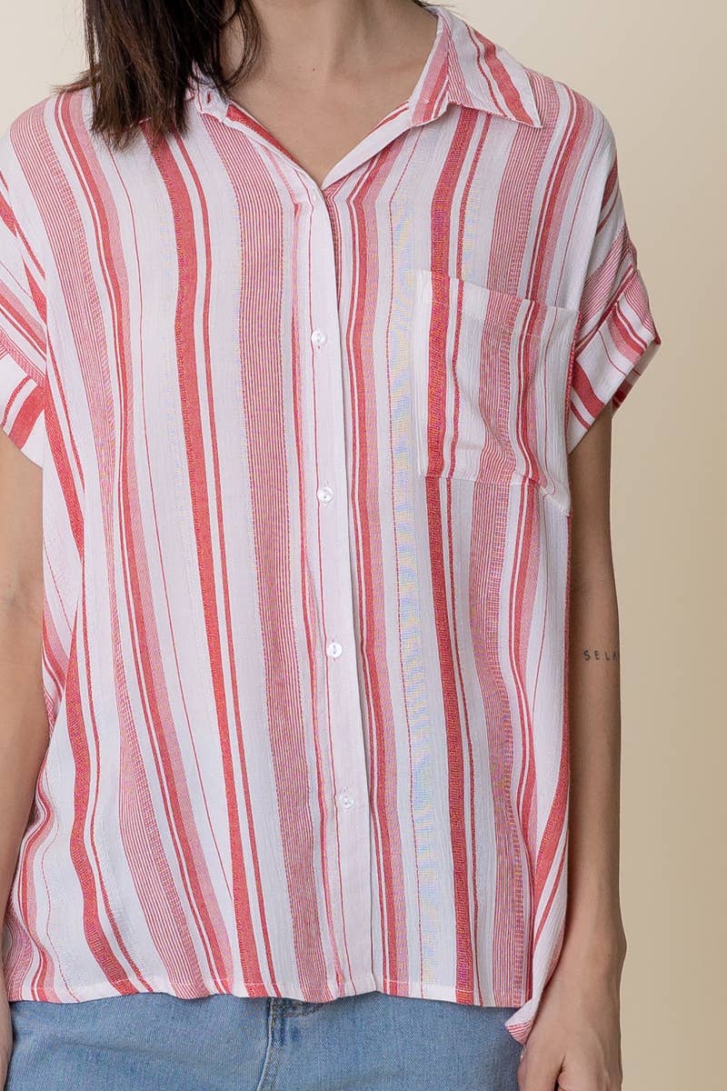 Striped Short Sleeve Button Down Top: WHITE RED STRIPE