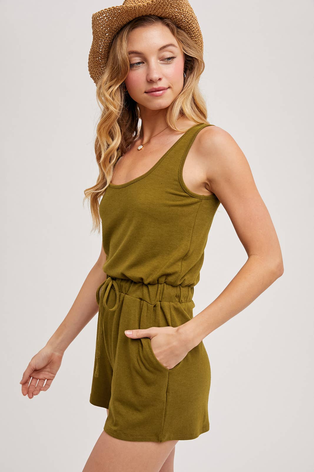 SLEEVELESS KNIT DRAWSTRING ROMPER