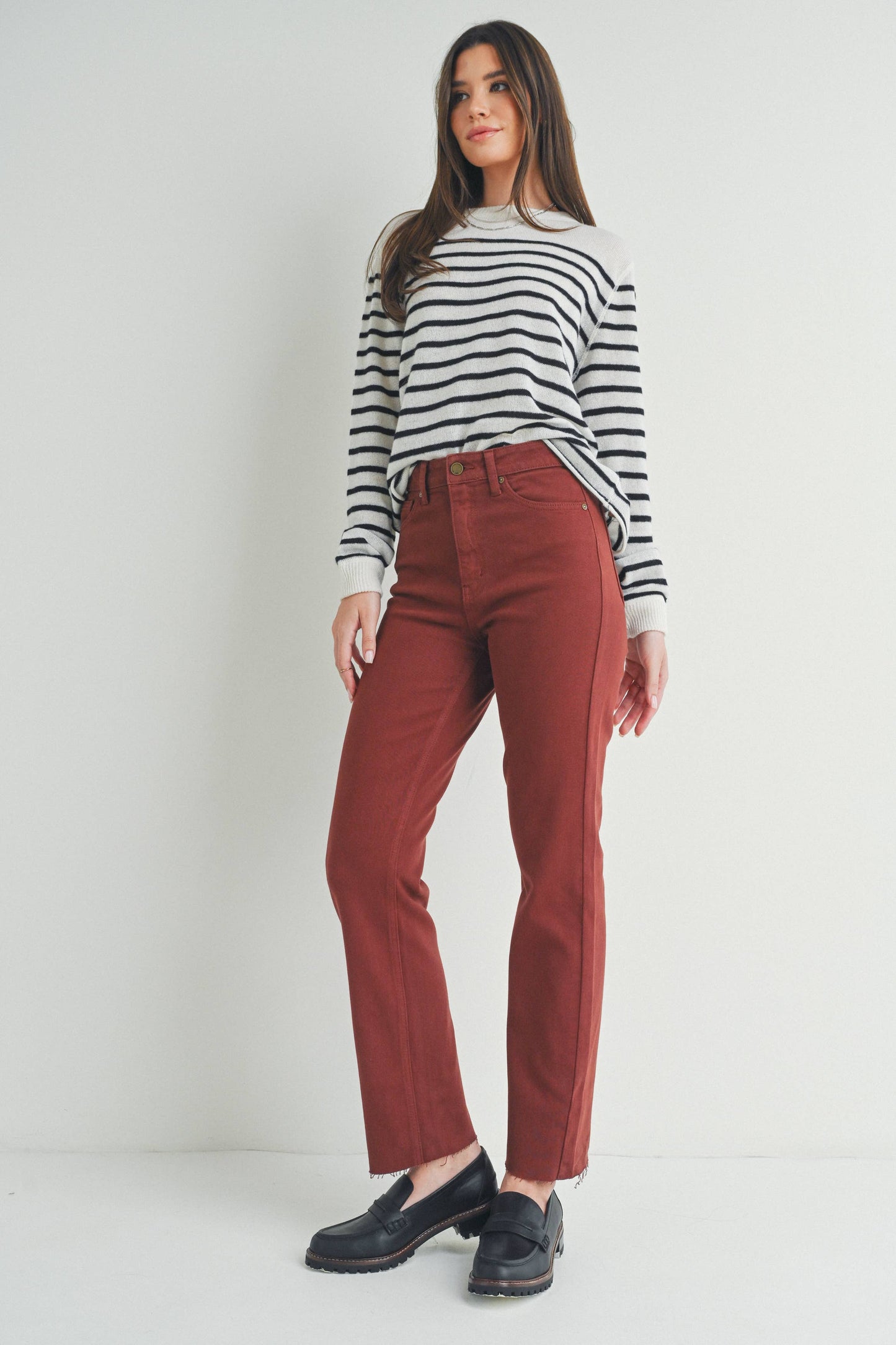 Burgundy Cut Off Cropped Straight Leg Jean