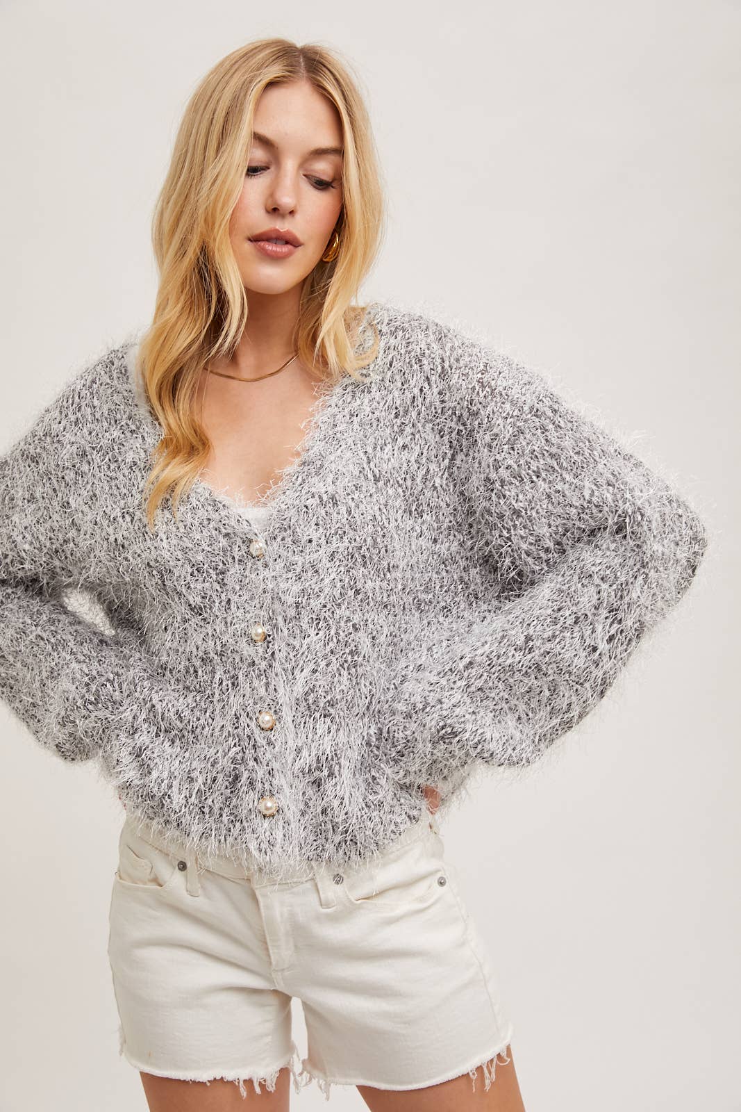 PEARL BUTTON DOWN FUZZY KNIT CARDIGAN