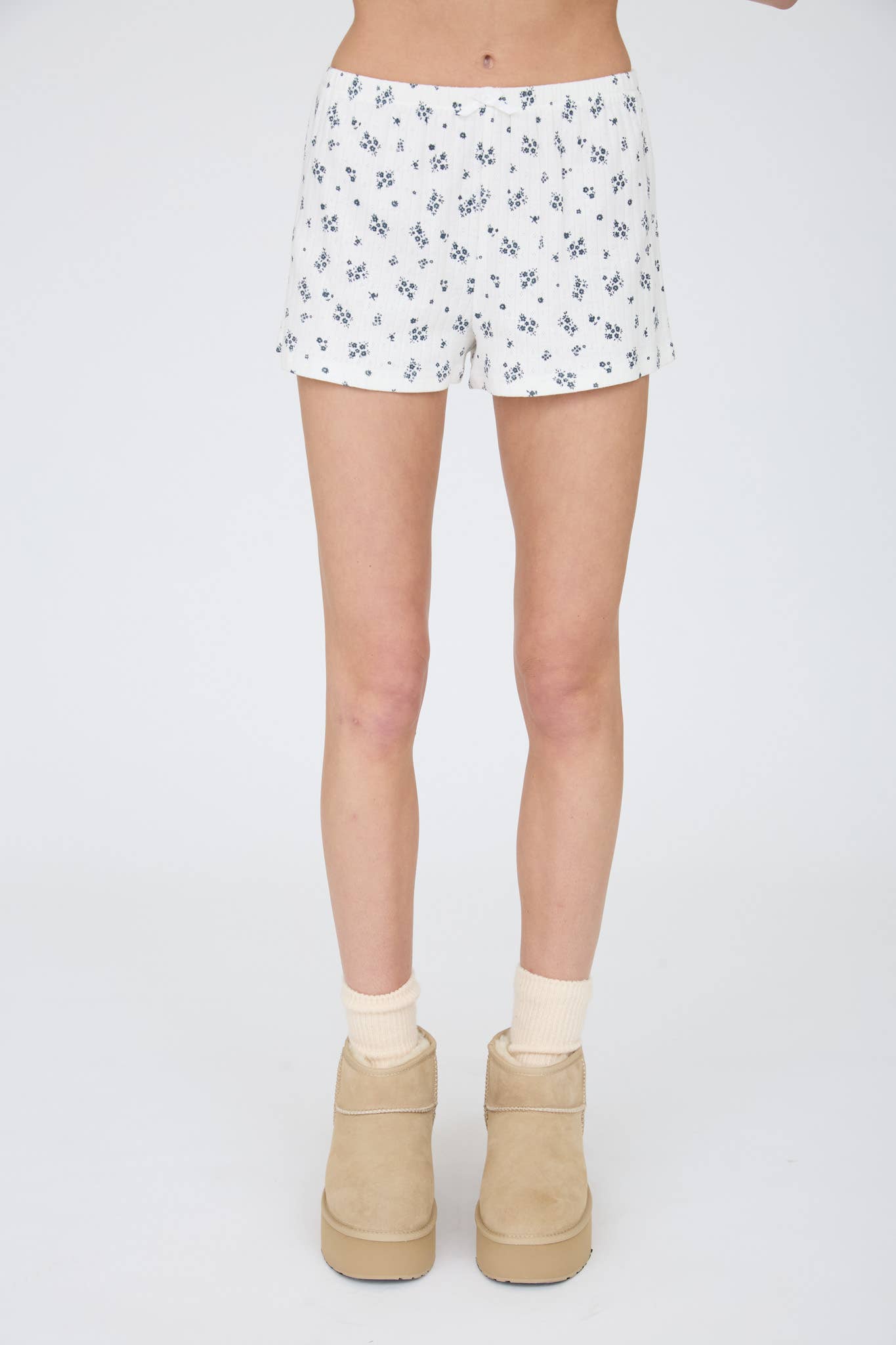 FLORAL POINTELLE KNIT MINI SHORTS