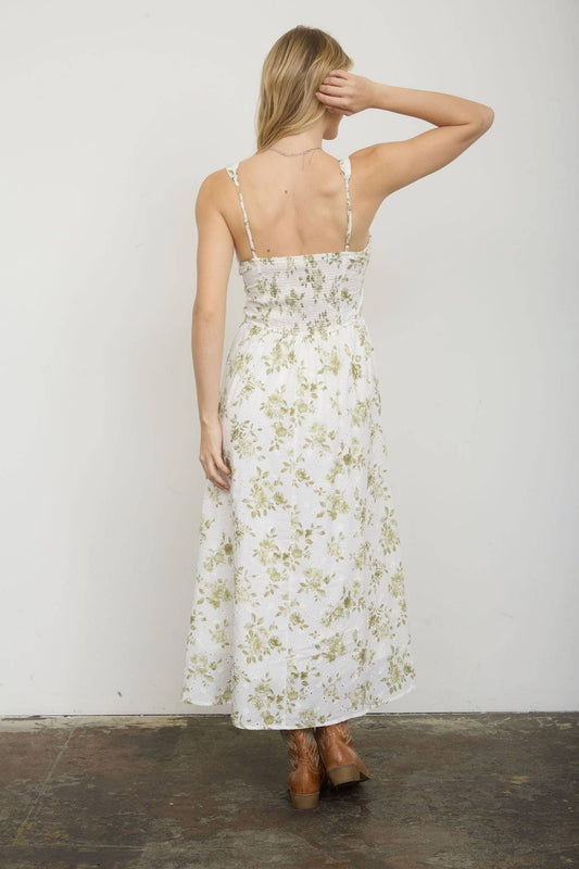FLORAL PATTERN FRONT TIE CORSET MIDI DRESS