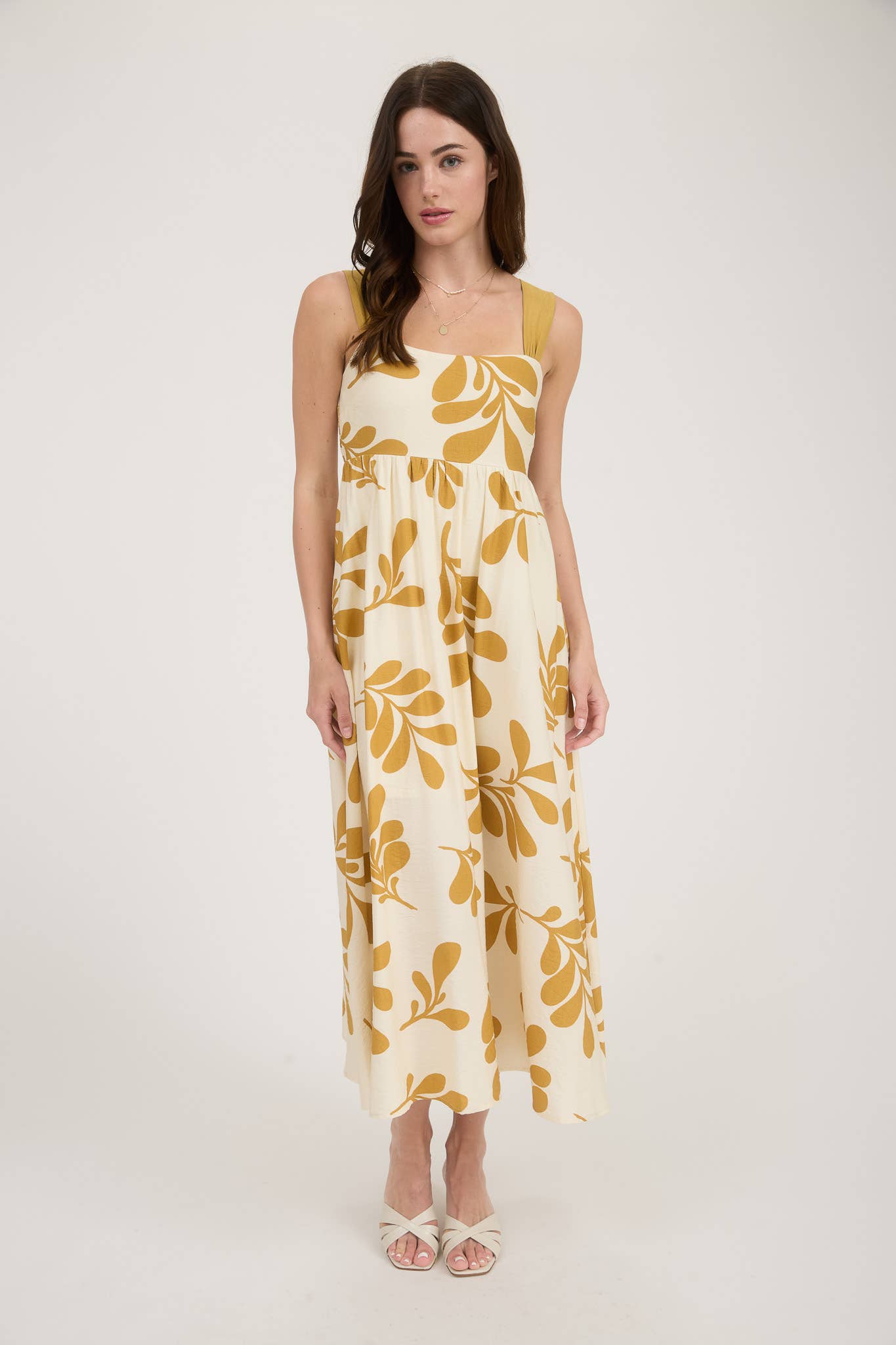 LEAF PRINT BACK TIE STRAP EMPIRE WAIST MIDI DRESS