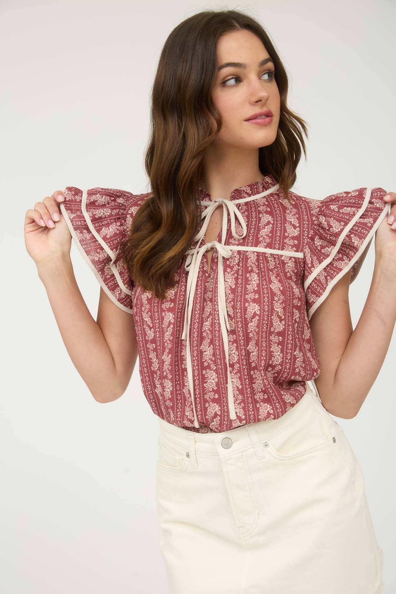 STRIPE FLORAL PATTERN TIE FRONT RUFFLE TOP