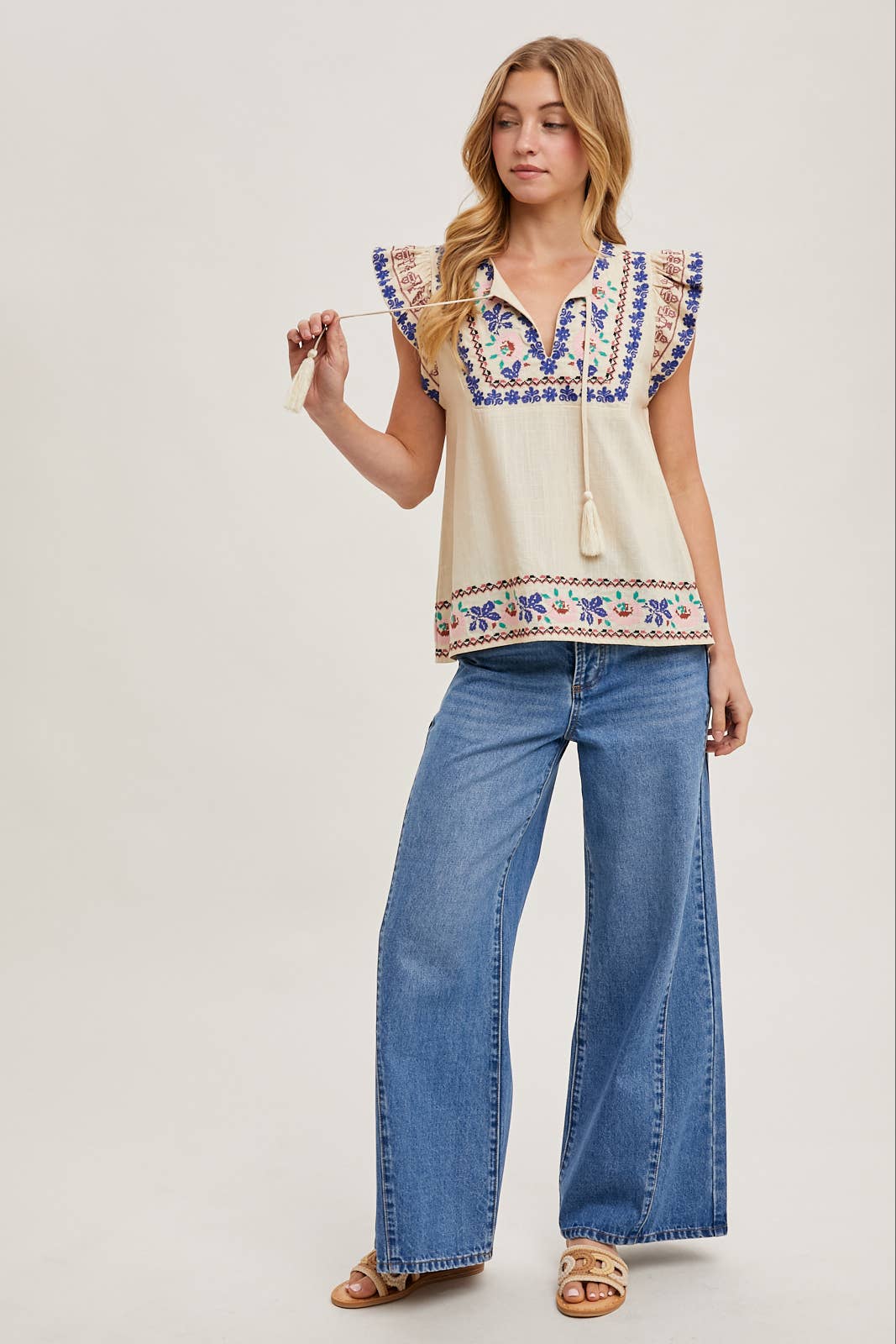 BOHO EMBROIDERED RUFFLED SLEEVE DRAWSTRING TOP