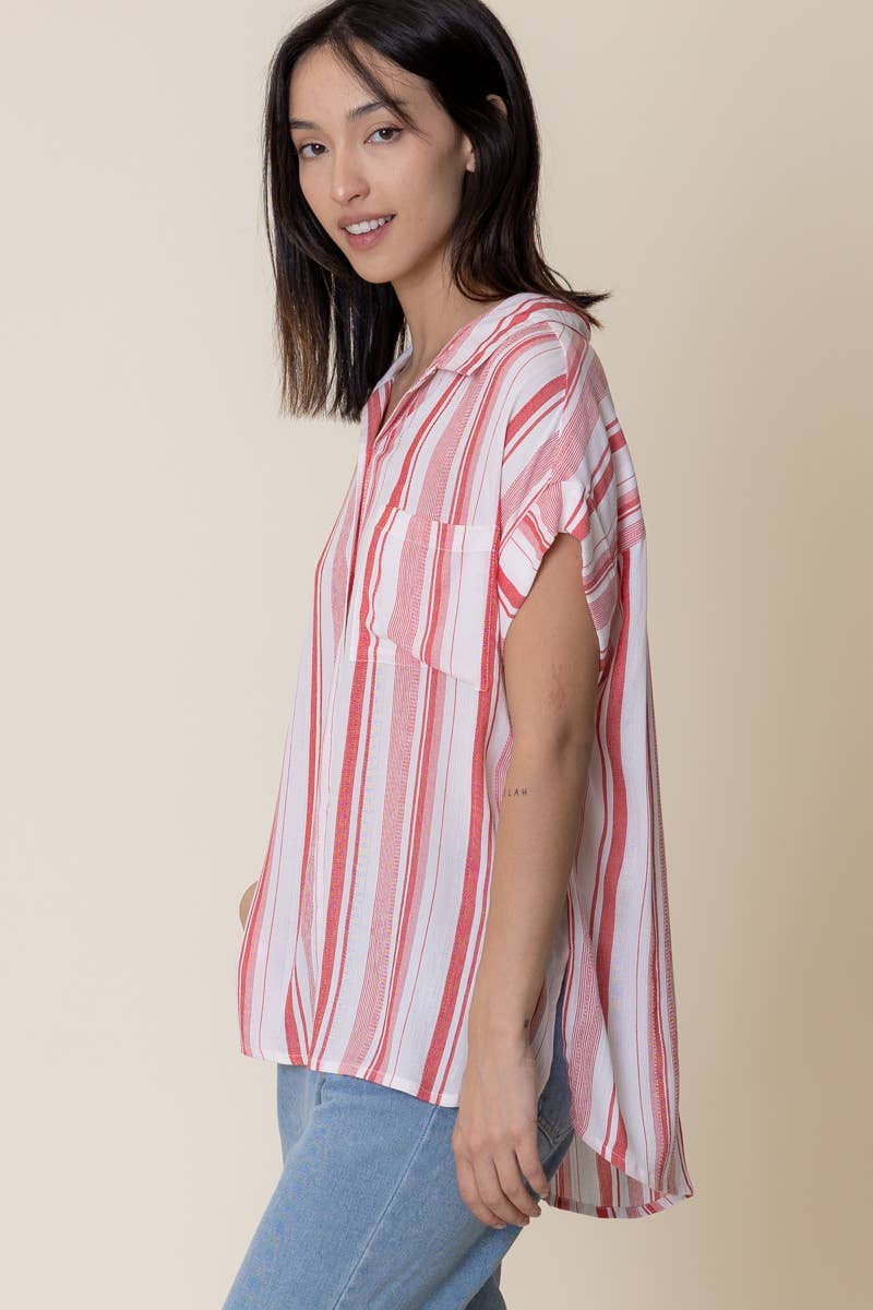 Striped Short Sleeve Button Down Top: WHITE RED STRIPE