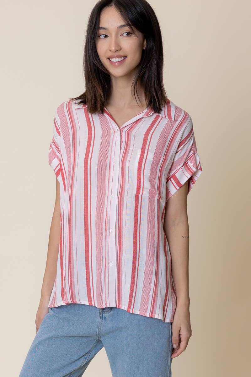 Striped Short Sleeve Button Down Top: WHITE RED STRIPE