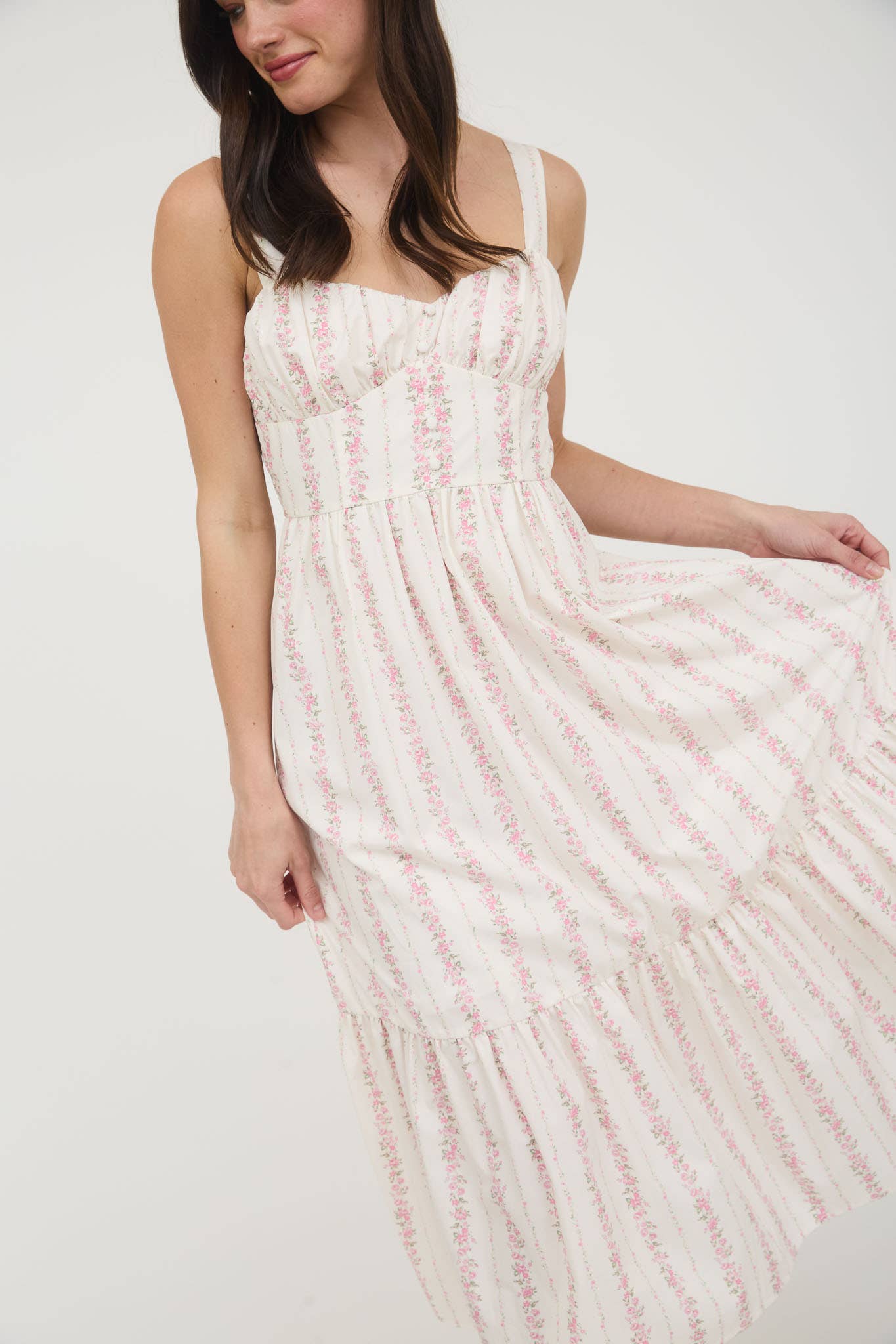 FLORAL STRIPE BUTTON DETAIL MAXI DRESS