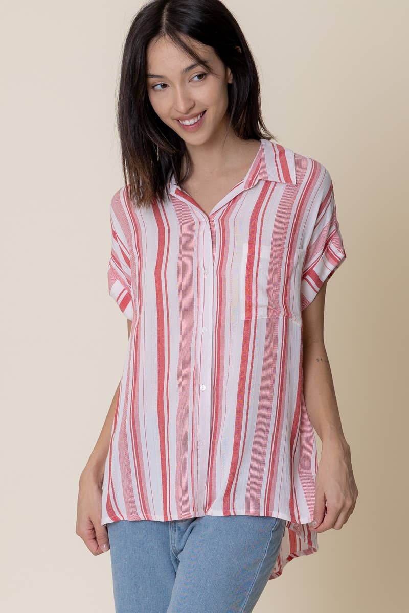 Striped Short Sleeve Button Down Top: WHITE RED STRIPE