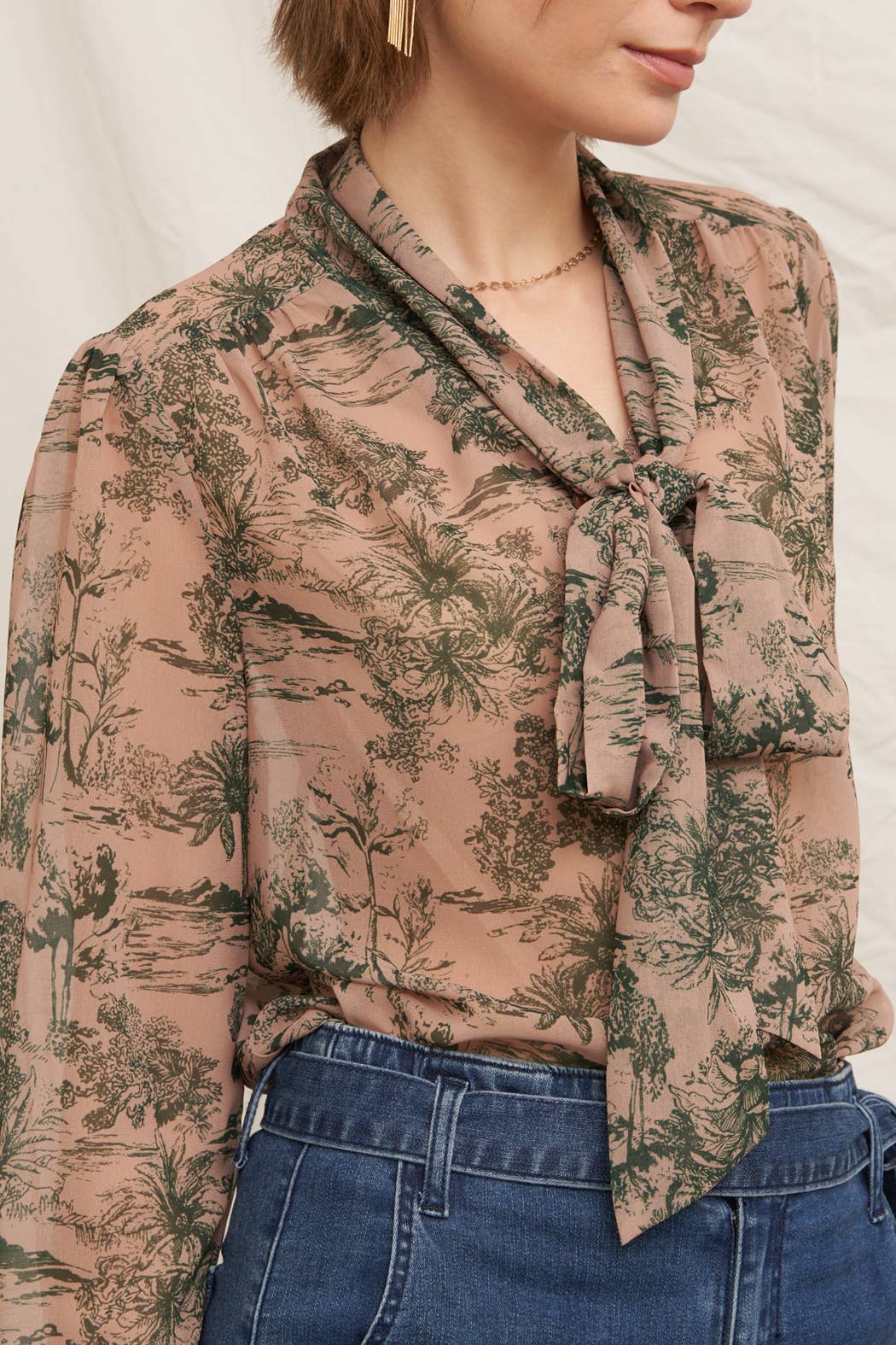 Printed Long Sleeve Tie-Neck Chiffon Blouse