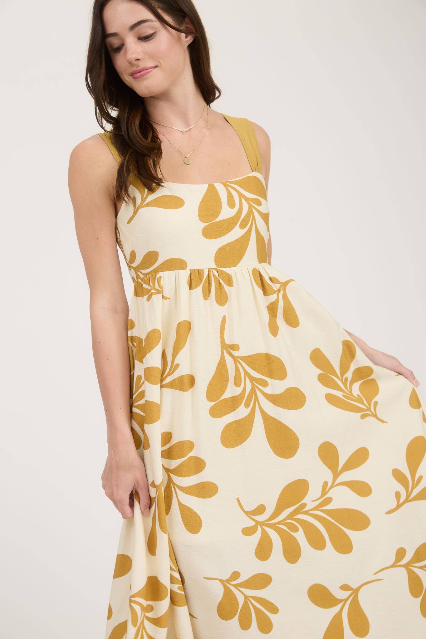 LEAF PRINT BACK TIE STRAP EMPIRE WAIST MIDI DRESS