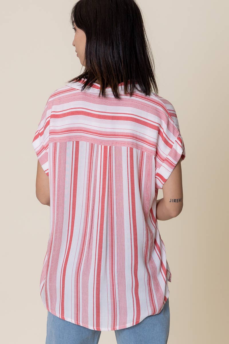 Striped Short Sleeve Button Down Top: WHITE RED STRIPE
