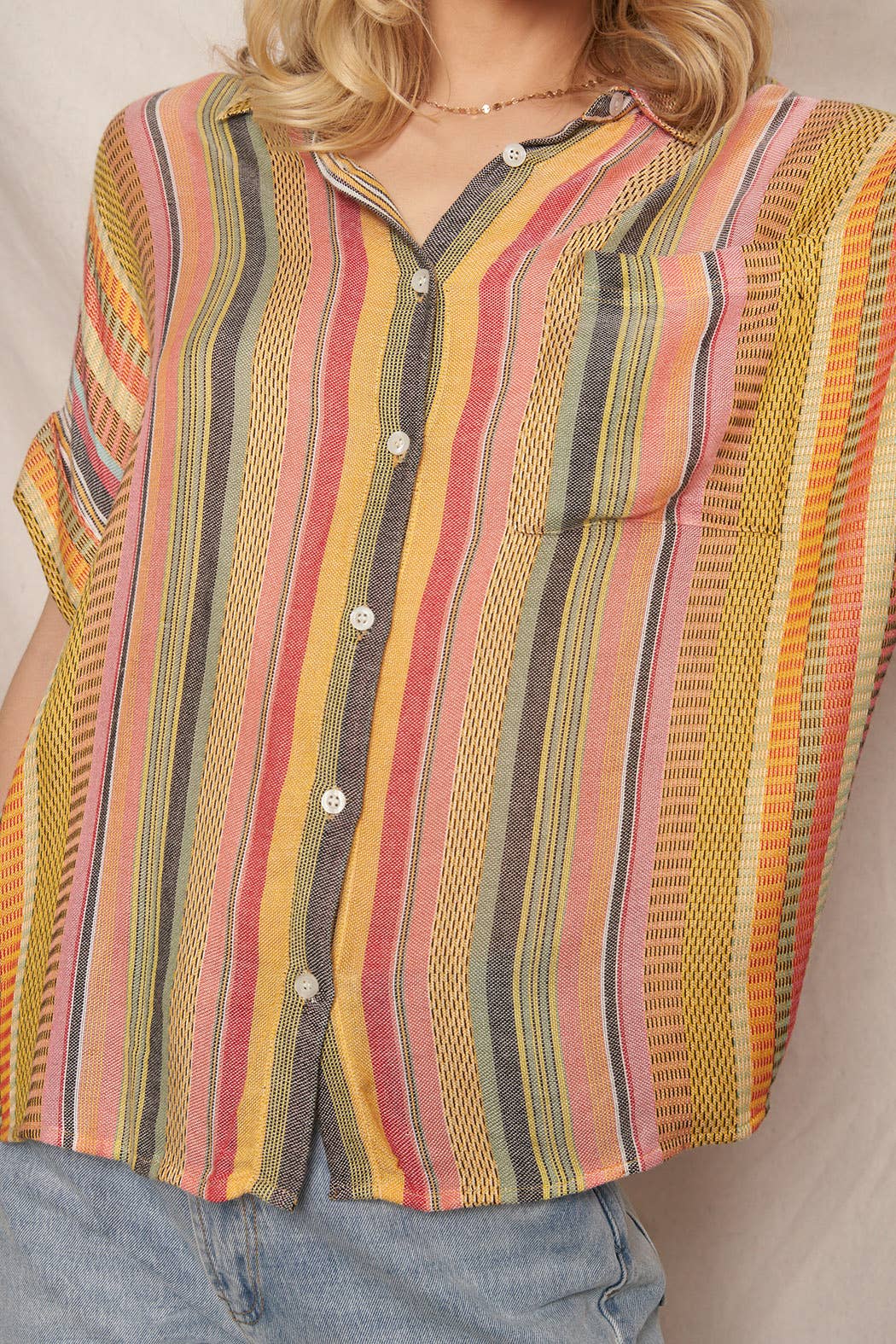 Multicolor Striped Button Down Shirt: YELLOW MULTI