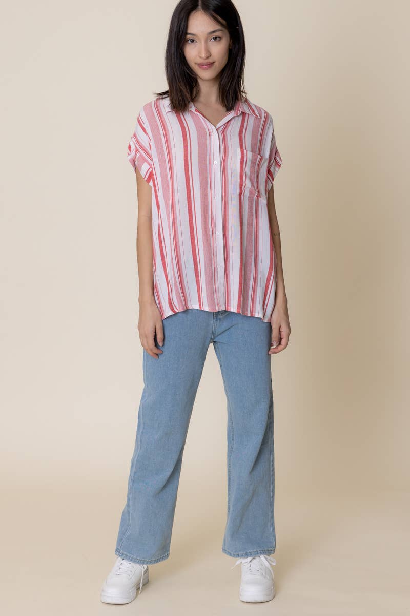 Striped Short Sleeve Button Down Top: WHITE RED STRIPE