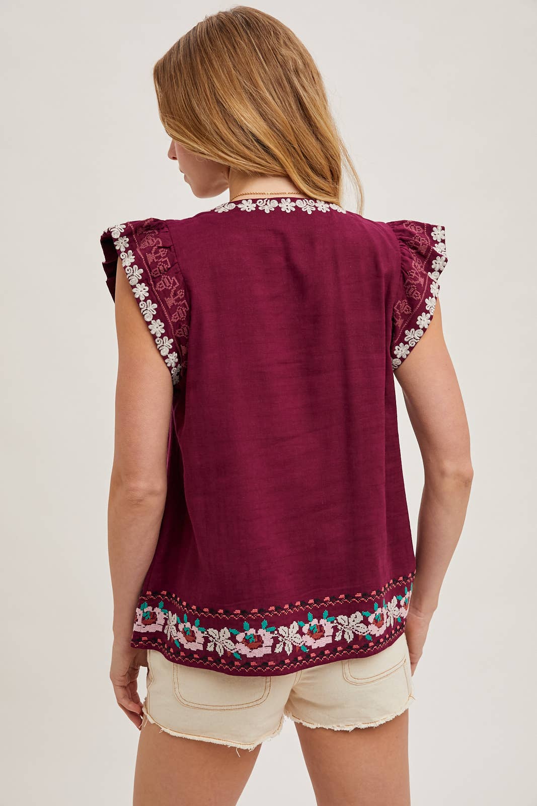 BOHO EMBROIDERED RUFFLED SLEEVE DRAWSTRING TOP