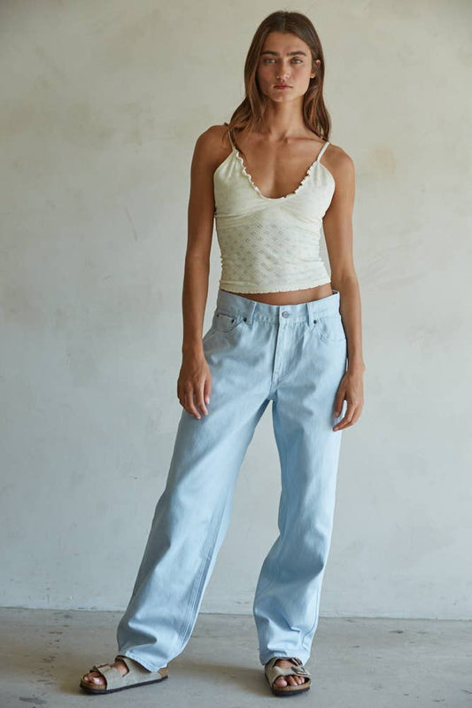 Woven Denim Straight Leg Pants (Light Blue)
