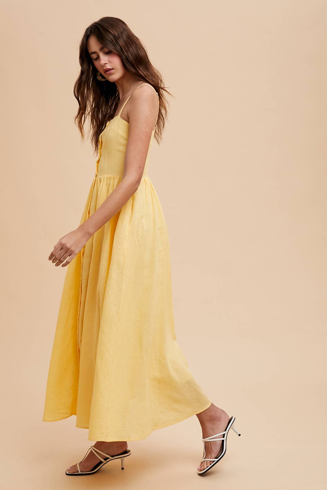 BUTTER YELLOW LINEN BLEND BUTTON DRESS