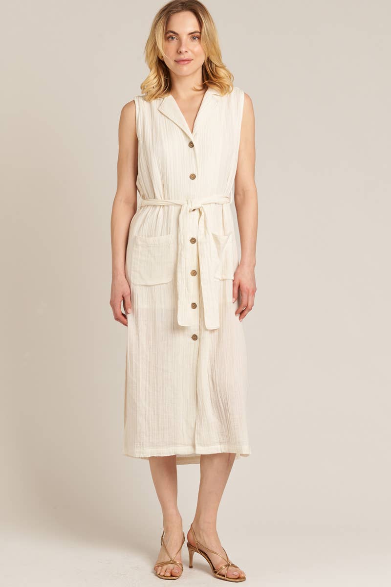 Sleeveless Button Down Midi Dress with Belt: Off White