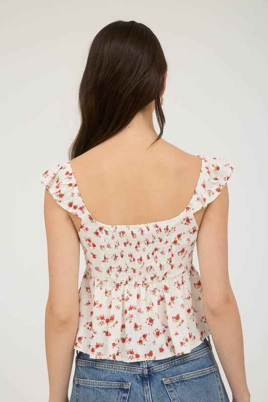 FLORAL CLIP DOT FRONT TIE WITH CUT-OUT CROP TOP