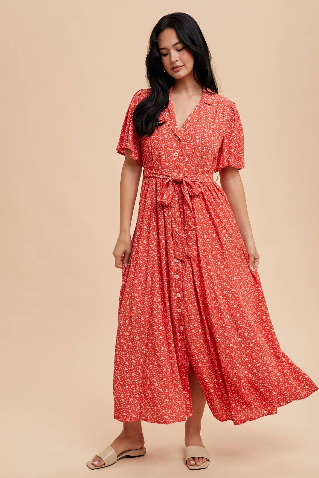 FLUTTER SLEEVE VISCOSE BUTTON DOWN DRESS
