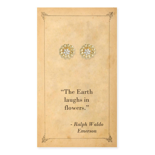 Literary Quotes Gold Crystal Flower Post Earrings