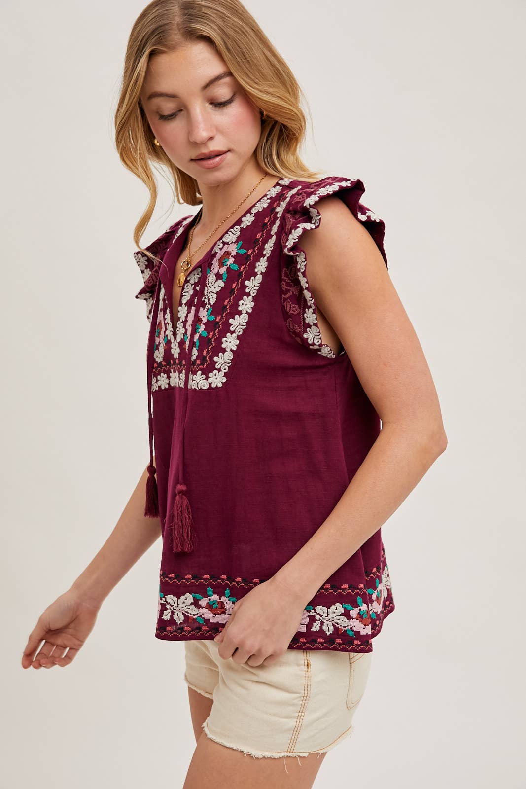 BOHO EMBROIDERED RUFFLED SLEEVE DRAWSTRING TOP
