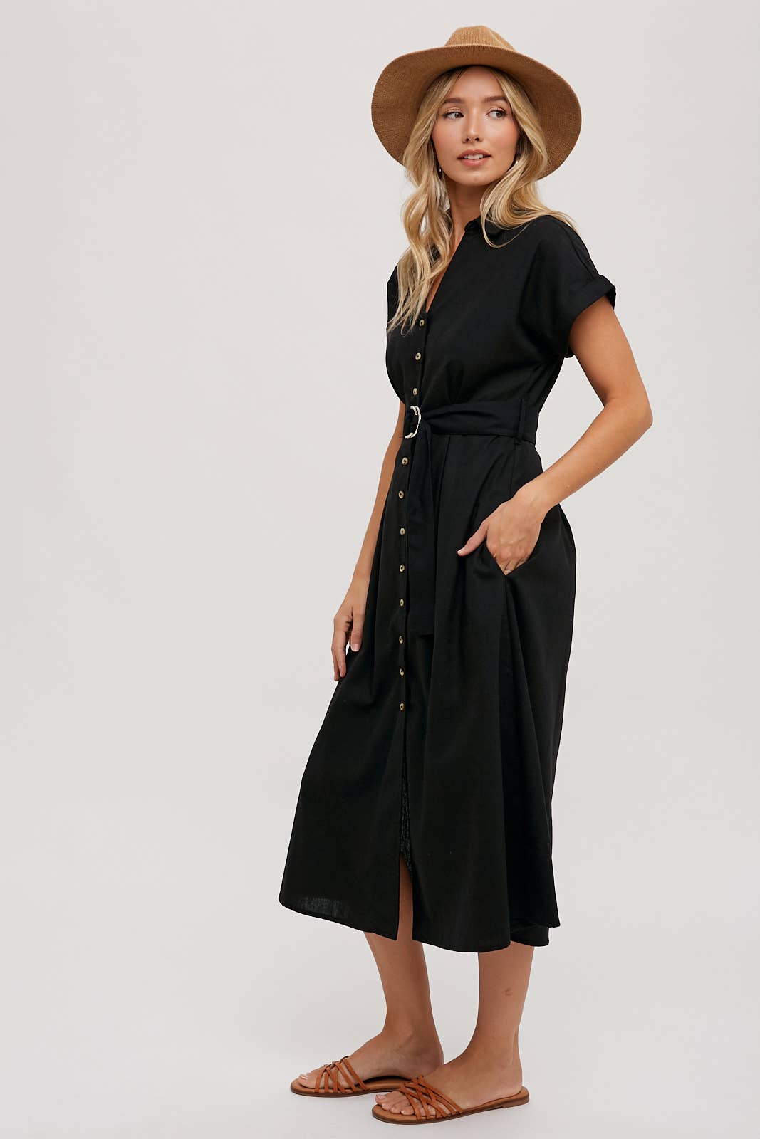 BUTTON DOWN BELTED MIDI DRESS