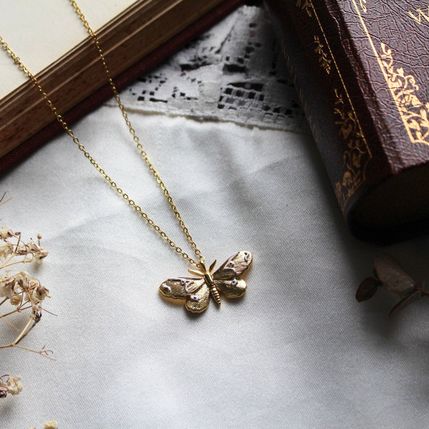 Moths and Butterflies Gold Bookish Pendant Necklace